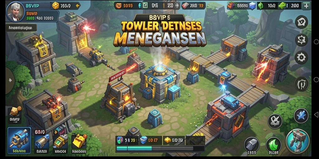 Tangkapan layar gameplay B8VIP dengan menara pertahanan yang megah.