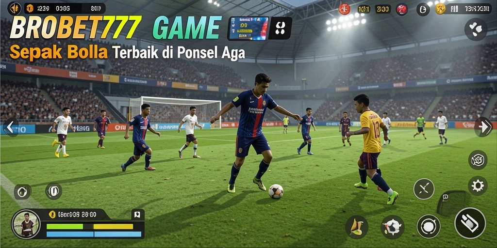 Screenshot permainan BROBET77 menampilkan aksi sepenuh lapangan dengan pemain yang berkompetisi.