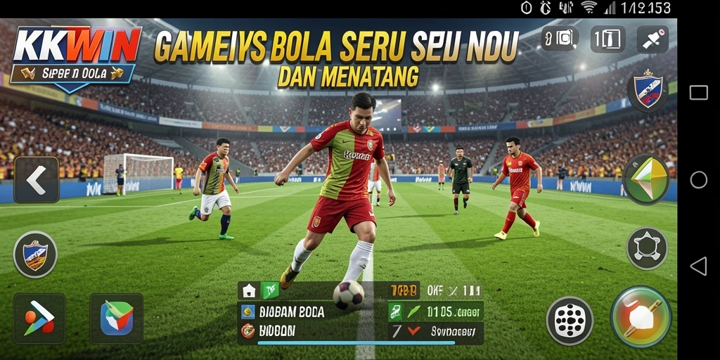 Screenshot gameplay yang menunjukkan aksi pertandingan sepak bola yang seru.