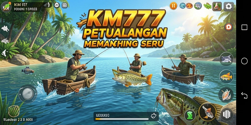 Screenshot KM777 menampilkan aksi menangkap ikan yang seru.