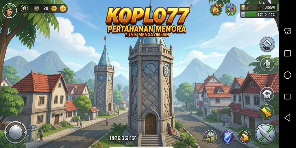 Screenshot gameplay KOPLO77 yang menampilkan pertahanan menara yang intens.