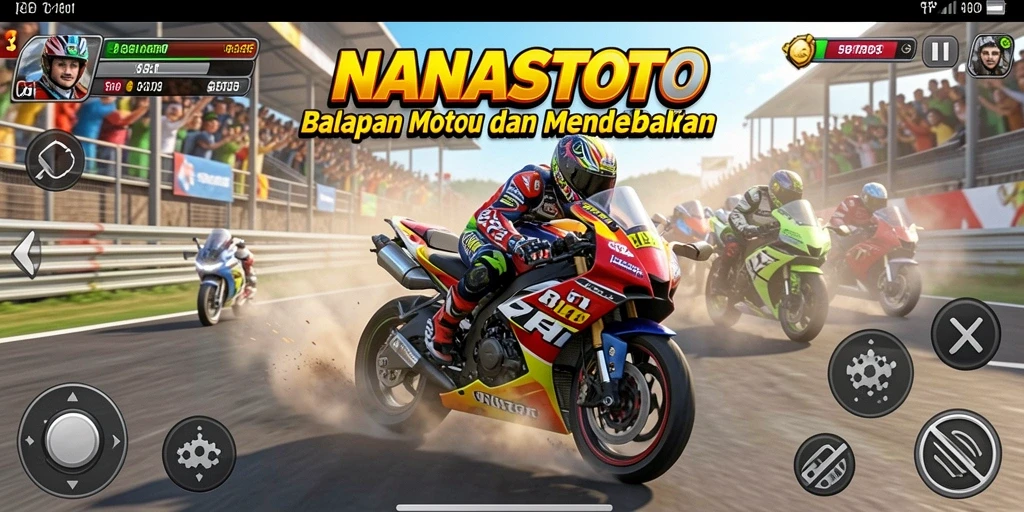 Screenshot gameplay NANASTOTO menunjukkan balapan motor yang mendebarkan.