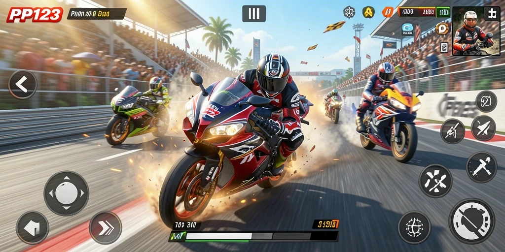 Screenshot utama PP123 menunjukkan aksi balapan motor yang seru dan mendebarkan.