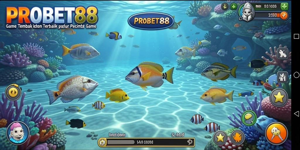 Screenshot gameplay PROBET88 dengan tembakan ikan yang seru.