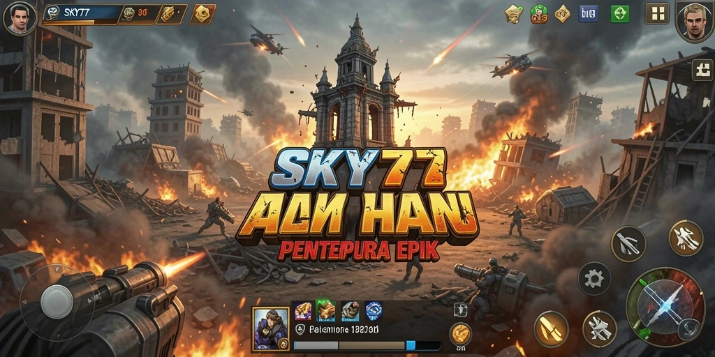 Tampilan seru pertempuran menara dalam SKY77 saat melawan gelombang musuh.